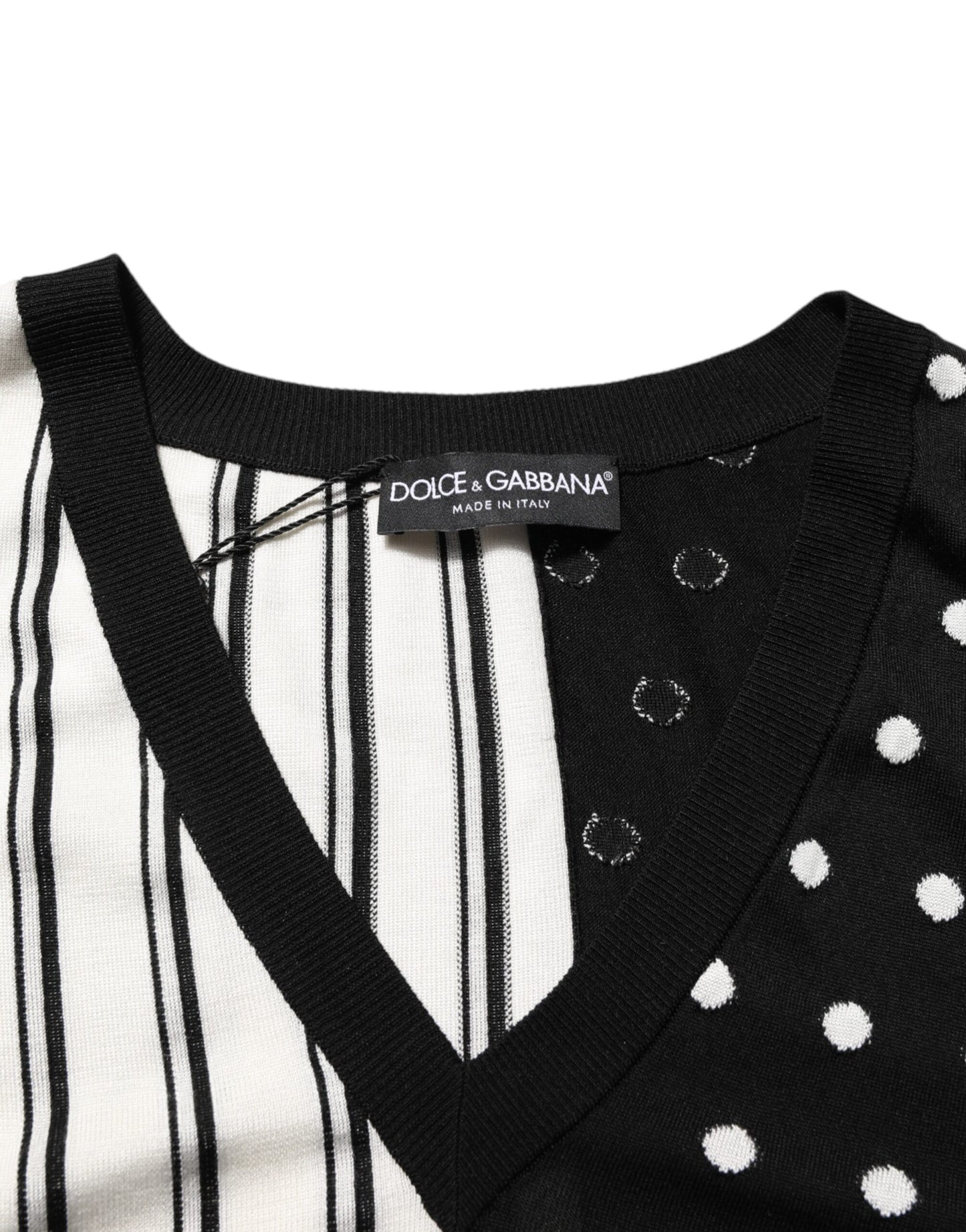 Dolce & Gabbana Black White Stripe Polka V-Neck Pullover Sweater Mens Sweater Mens T-Shirt