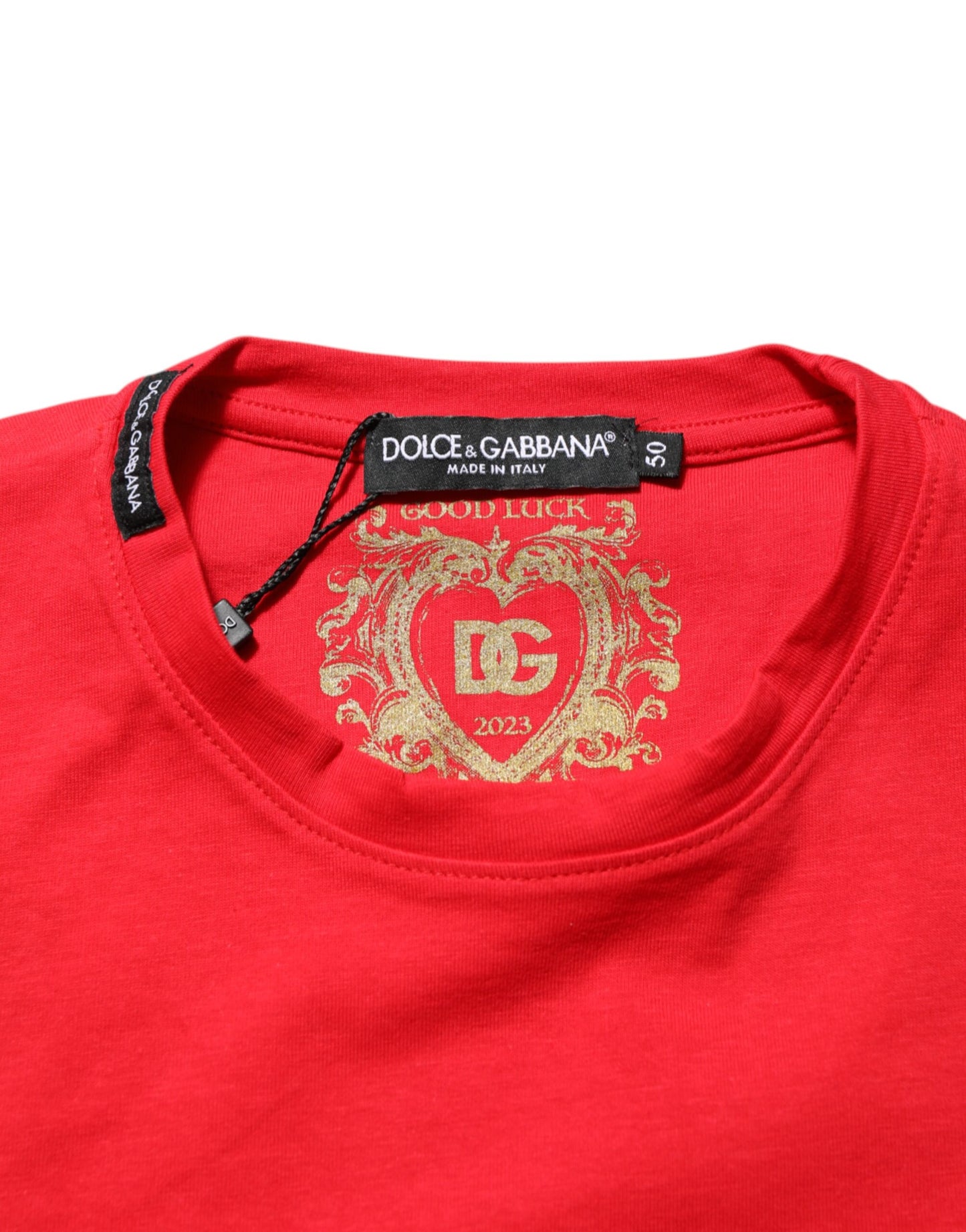 Dolce & Gabbana Red Goodluck 2023 Cotton Crew Neck T-shirt Mens T-Shirt
