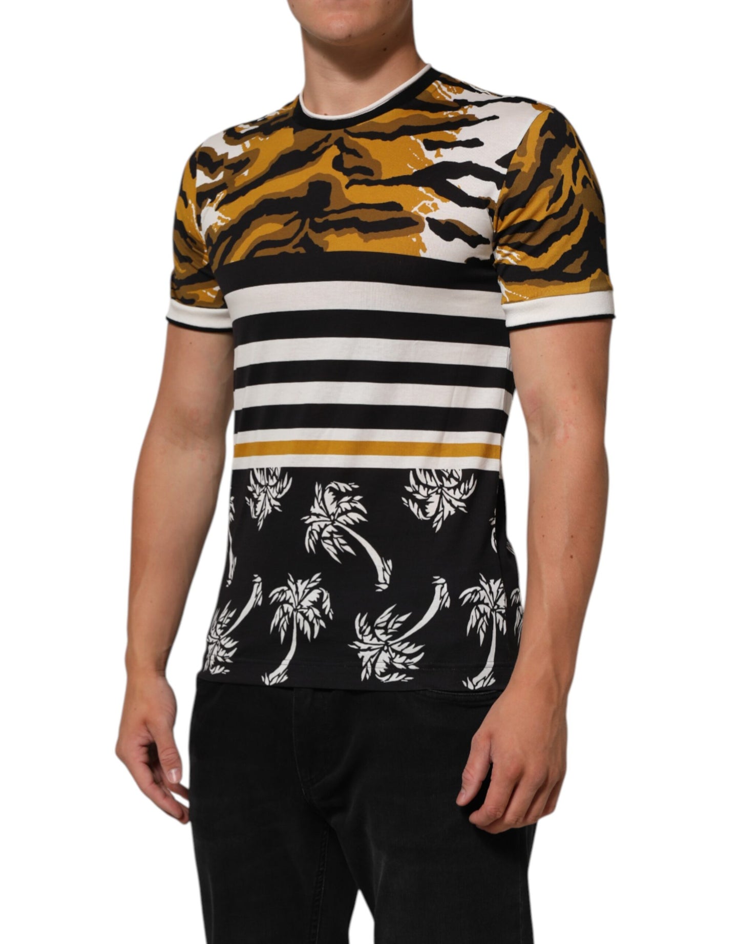 Dolce & Gabbana Multicolor Leopard Palm Leaf Men Crew Neck T-shirt Mens T-Shirt