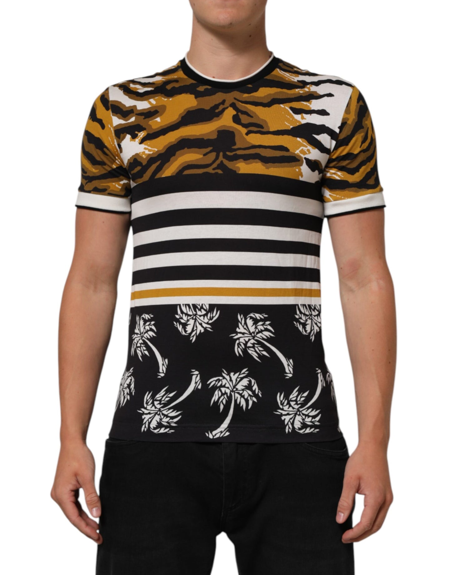 Dolce & Gabbana Multicolor Leopard Palm Leaf Men Crew Neck T-shirt Mens T-Shirt