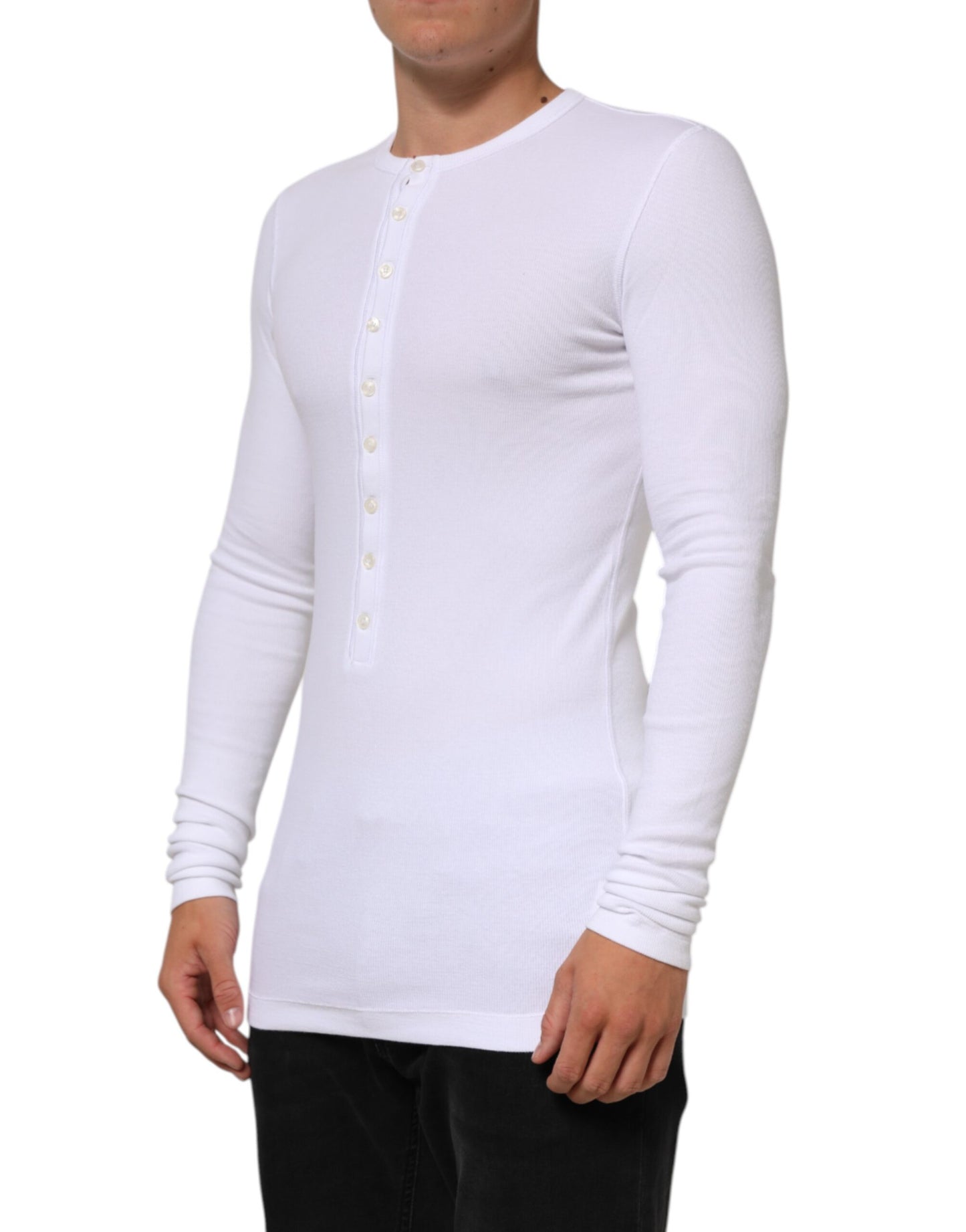Dolce & Gabbana White Long Sleeves Button Closure T-shirt Mens T-Shirt