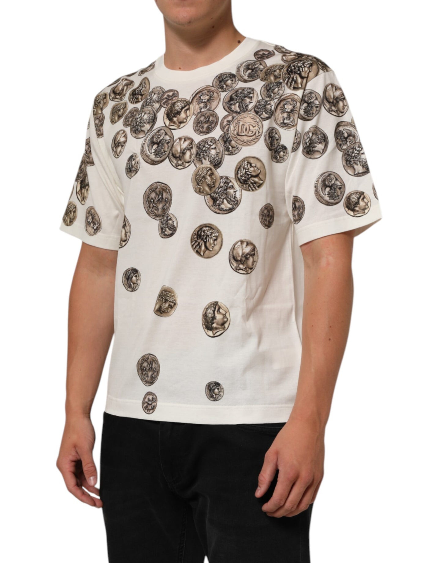 Dolce & Gabbana White Coin Print Cotton Crew Neck Men T-shirt Mens T-Shirt