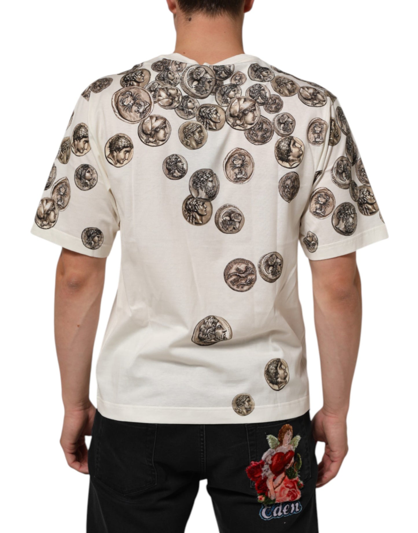 Dolce & Gabbana White Coin Print Cotton Crew Neck Men T-shirt Mens T-Shirt