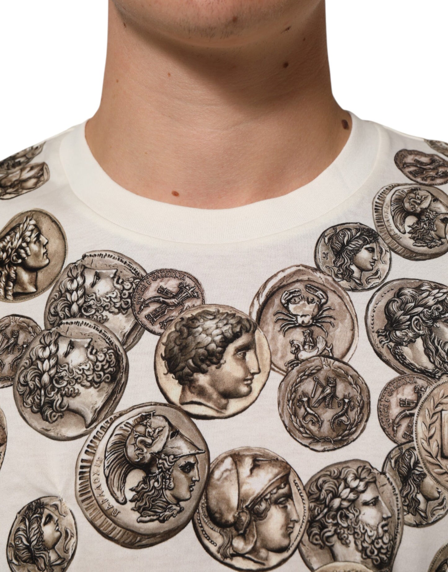Dolce & Gabbana White Coin Print Cotton Crew Neck Men T-shirt Mens T-Shirt
