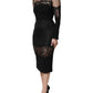 Dolce & Gabbana Black Lace Trim Nylon Tulle SheathMidi Dress