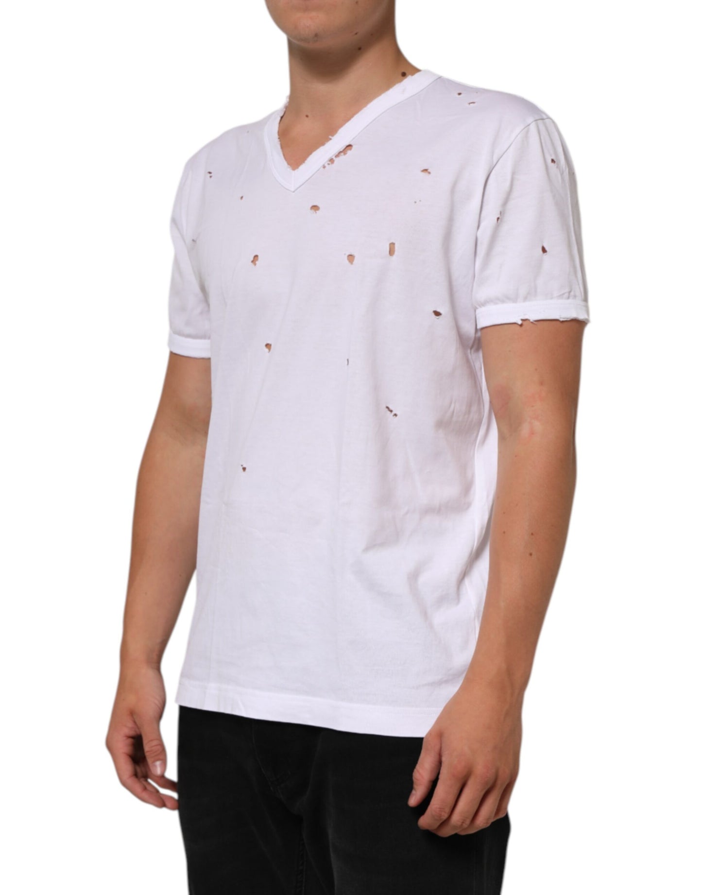 Dolce & Gabbana White Distressed Cotton V Neck Men T-shirt Mens T-Shirt