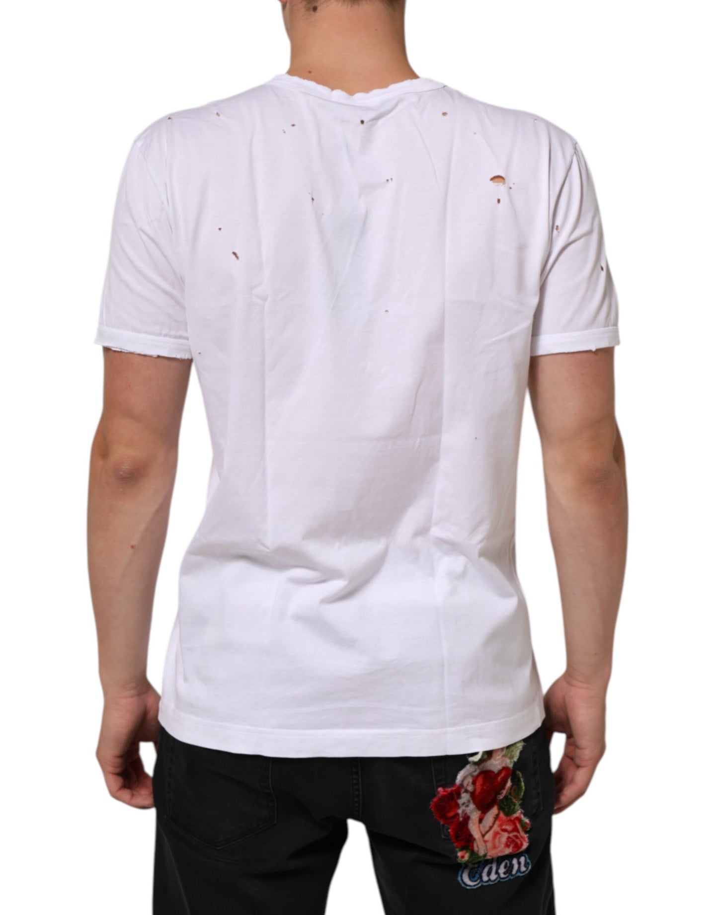Dolce & Gabbana White Distressed Cotton V Neck Men T-shirt Mens T-Shirt