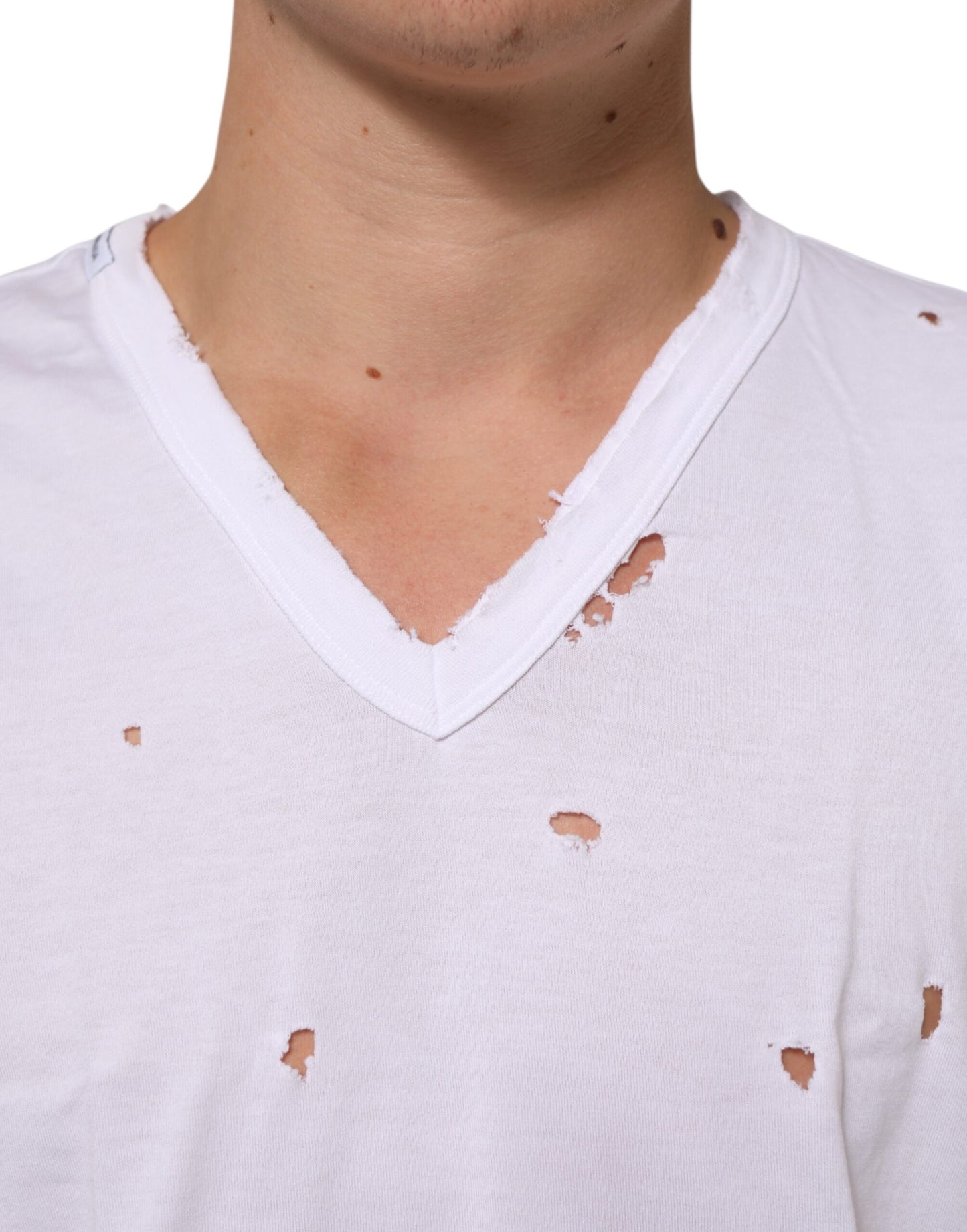 Dolce & Gabbana White Distressed Cotton V Neck Men T-shirt Mens T-Shirt