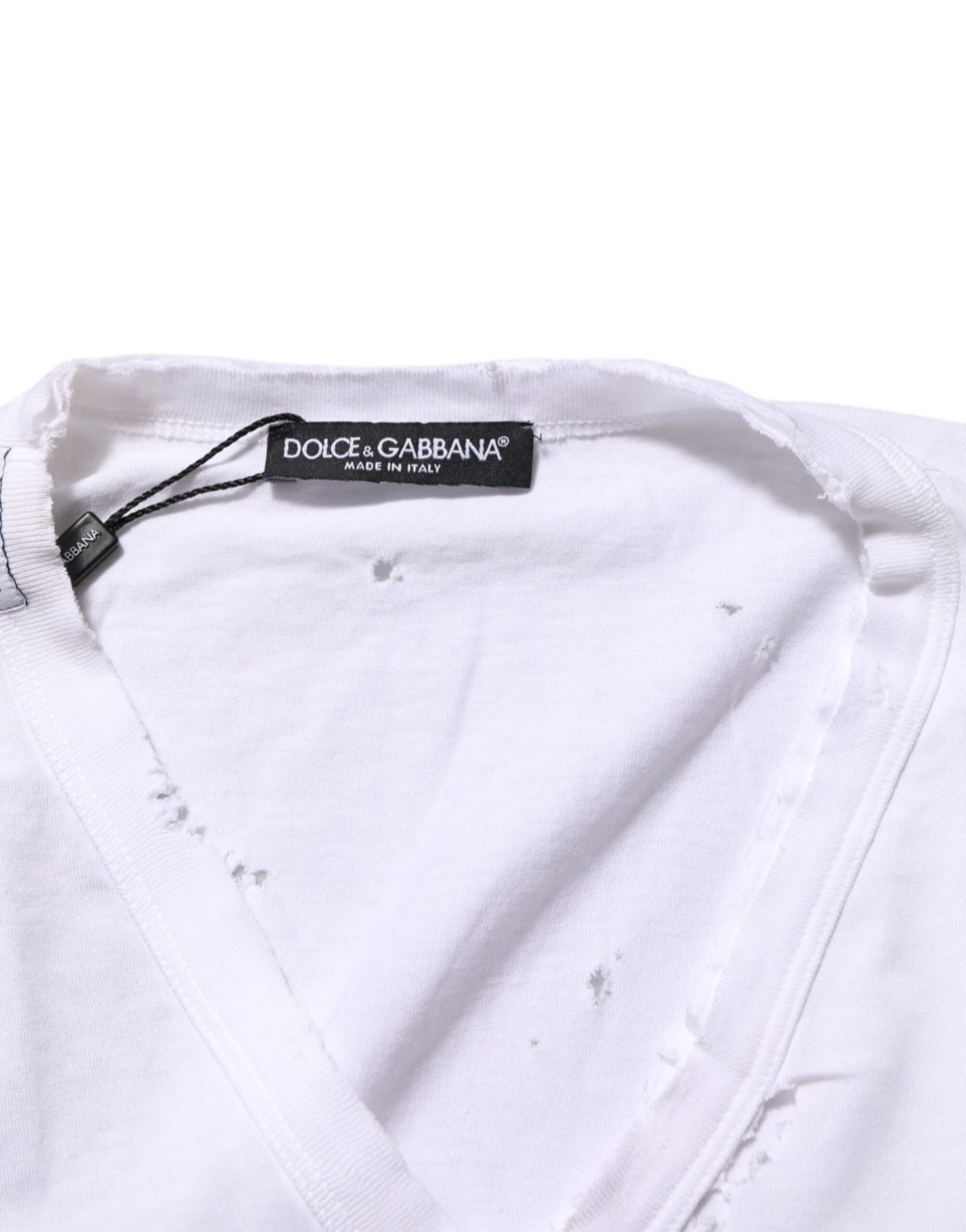 Dolce & Gabbana White Distressed Cotton V Neck Men T-shirt Mens T-Shirt
