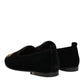 Dolce & Gabbana Black Velvet Gold Crown Mens Loafers Shoes