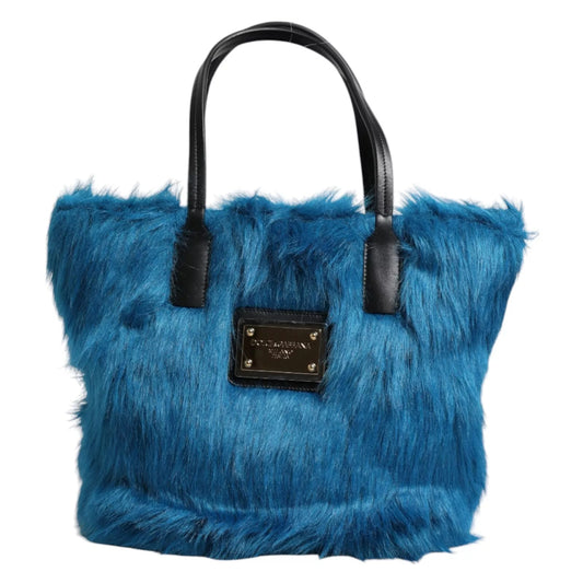 Dolce & Gabbana Blue Fur Logo Plaque Double Handle Shoulder Bag Womens Shoulder Bag Womens Tote Bag