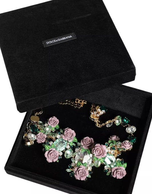 Dolce & Gabbana Gold Brass Link Chain Rose Petal Crystal Necklace Womens Necklace