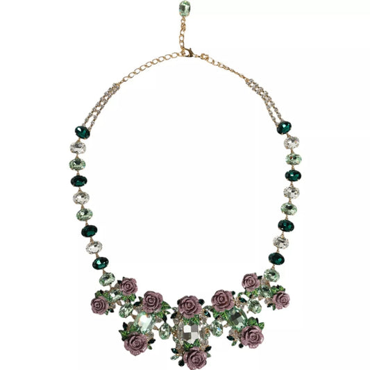 Dolce & Gabbana Gold Brass Link Chain Rose Petal Crystal Necklace Womens Necklace