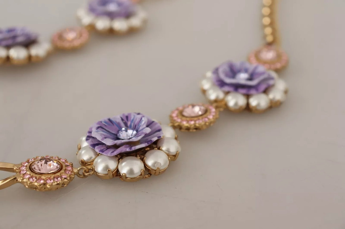 Dolce & Gabbana Gold Tone Floral Crystals Purple Embellished Womens Necklace