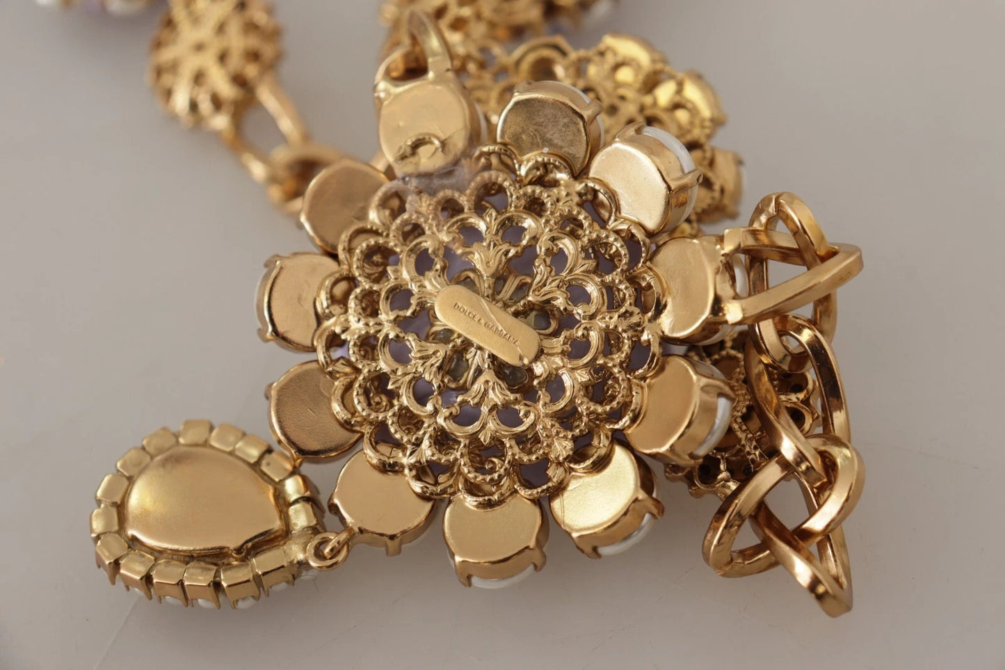 Dolce & Gabbana Gold Tone Floral Crystals Purple Embellished Womens Necklace