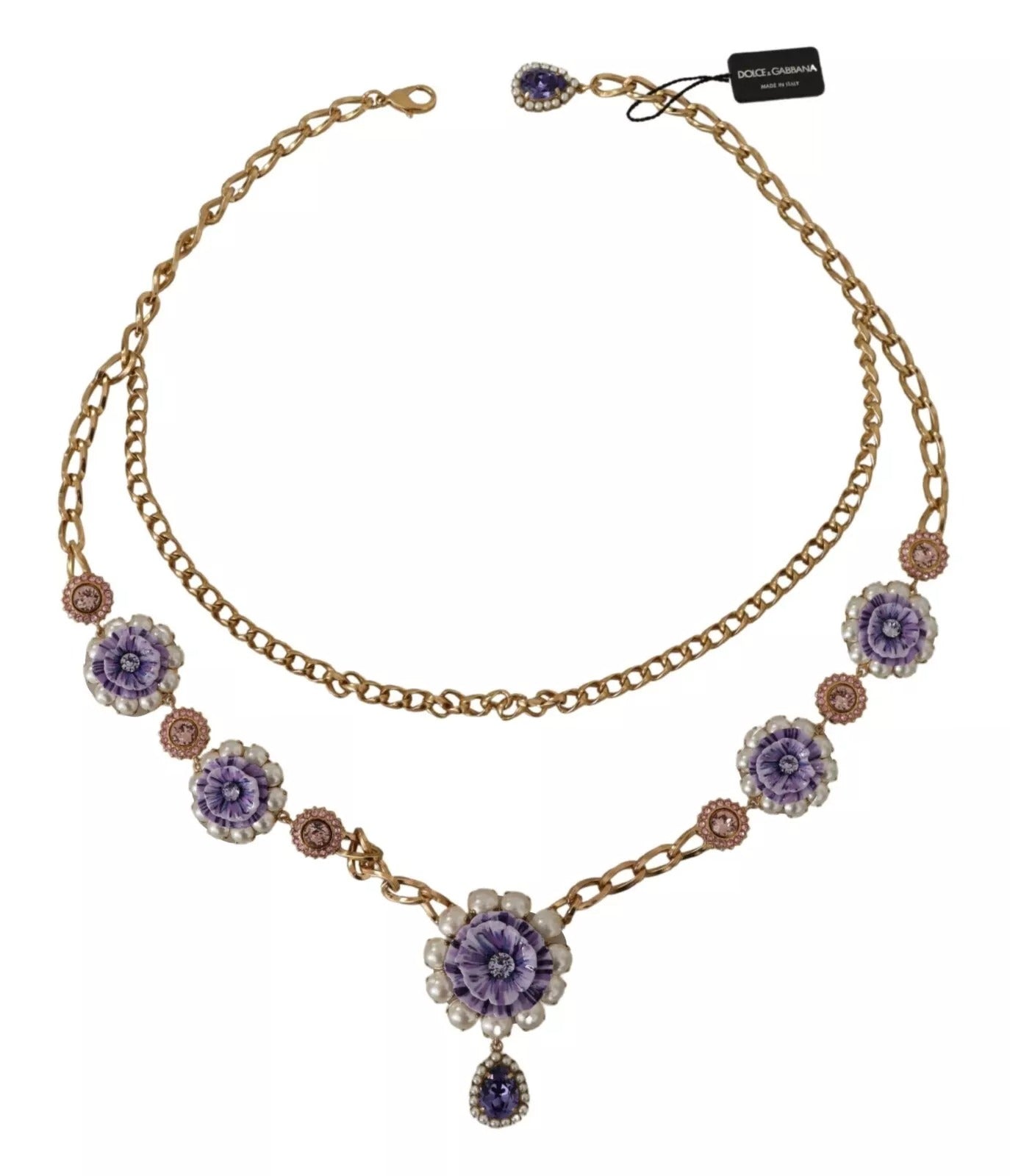 Dolce & Gabbana Gold Tone Floral Crystals Purple Embellished Womens Necklace