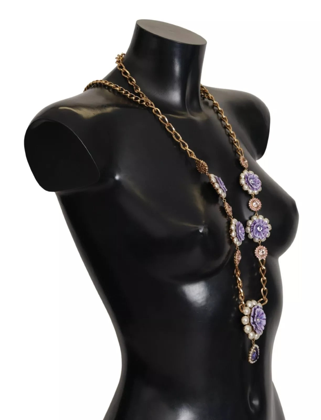 Dolce & Gabbana Gold Tone Floral Crystals Purple Embellished Womens Necklace