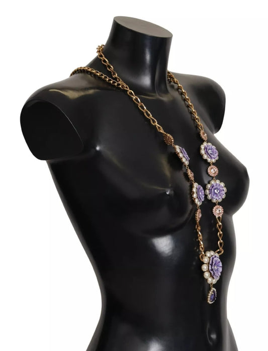 Dolce & Gabbana Gold Tone Floral Crystals Purple Embellished Womens Necklace