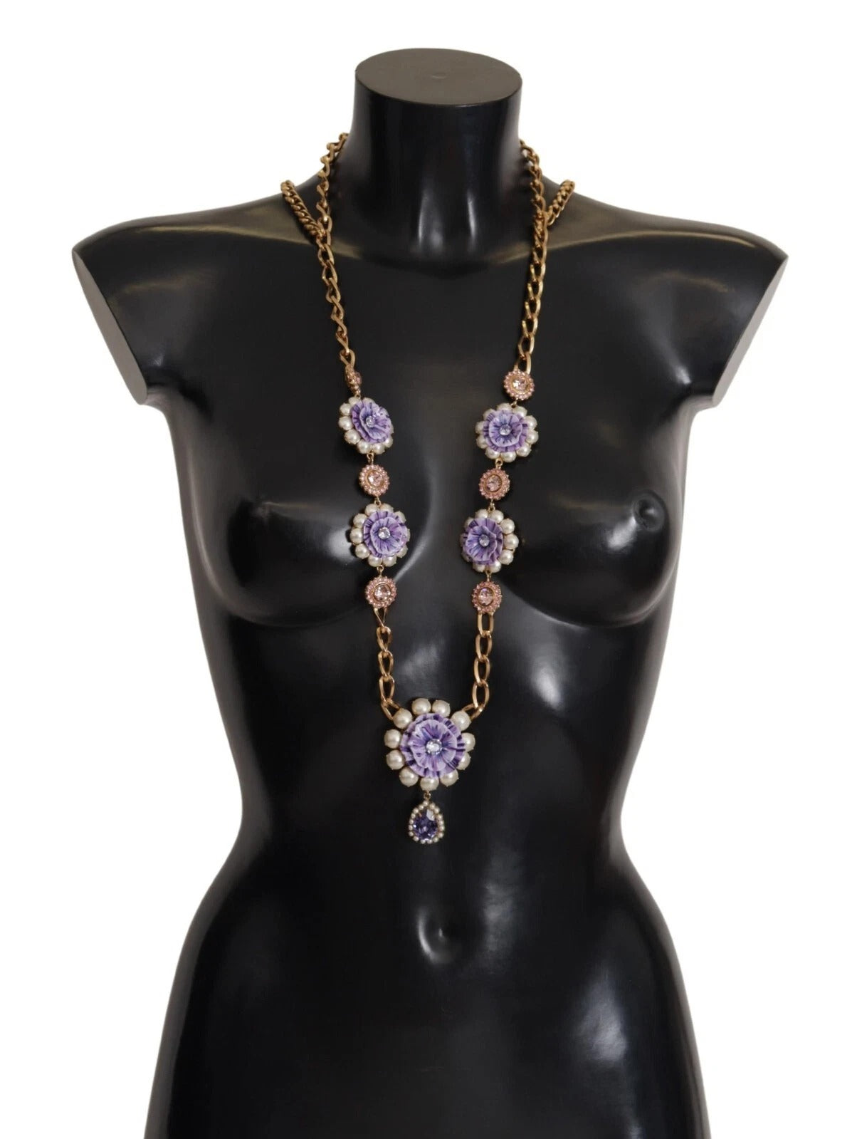 Dolce & Gabbana Gold Tone Floral Crystals Purple Embellished Womens Necklace