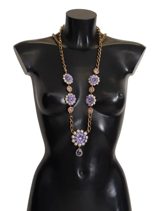 Dolce & Gabbana Gold Tone Floral Crystals Purple Embellished Womens Necklace