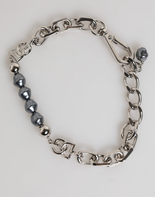 Dolce & Gabbana Silver Tone Chain Lobster Clasp Logo Gray Pearls Bracelet Mens Bracelet