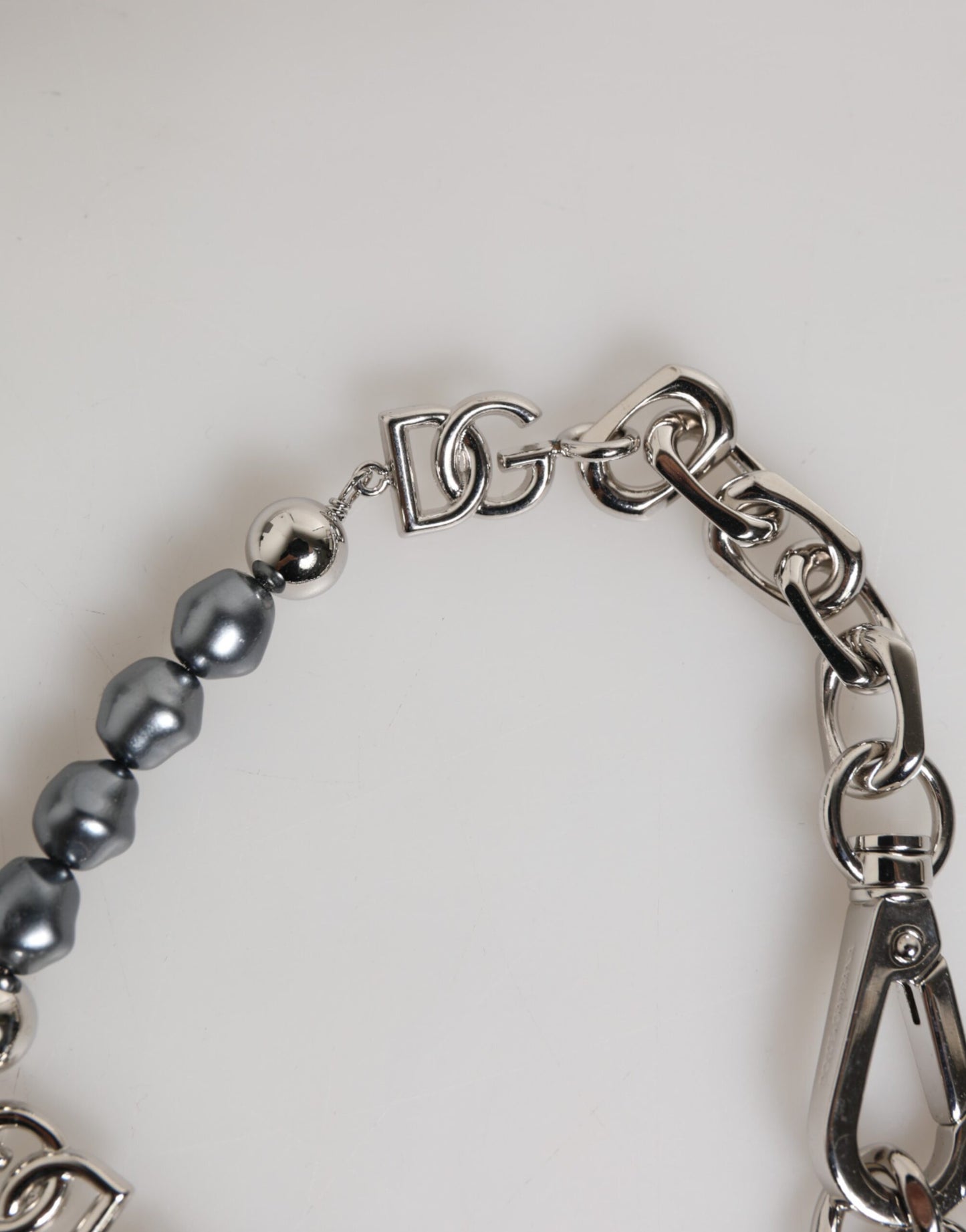 Dolce & Gabbana Silver Tone Chain Lobster Clasp Logo Gray Pearls Bracelet Mens Bracelet