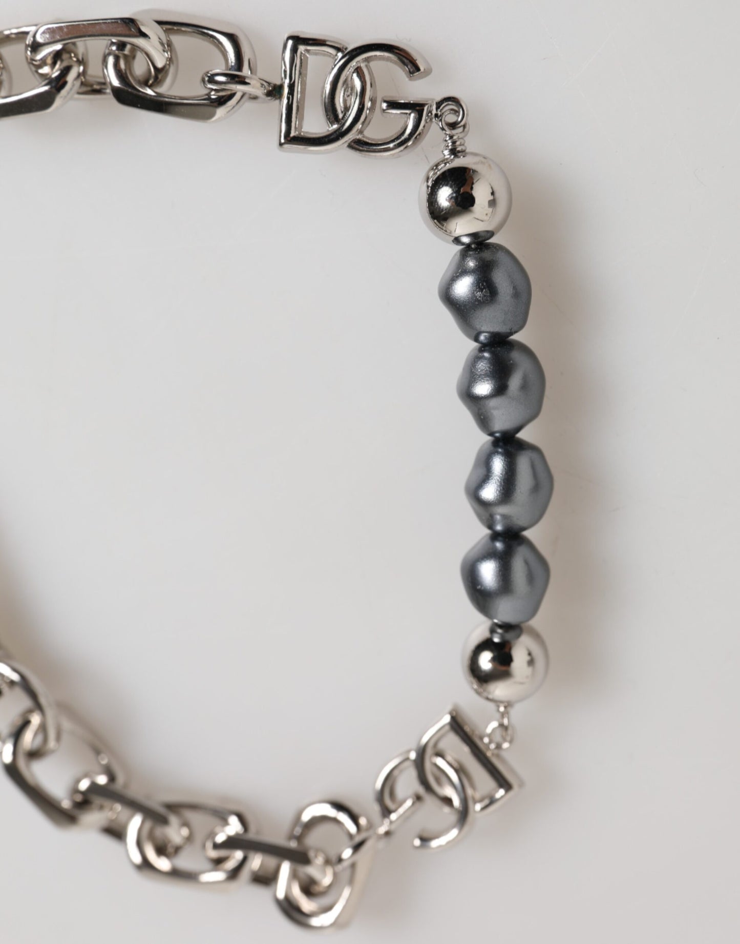 Dolce & Gabbana Silver Tone Chain Lobster Clasp Logo Gray Pearls Bracelet Mens Bracelet