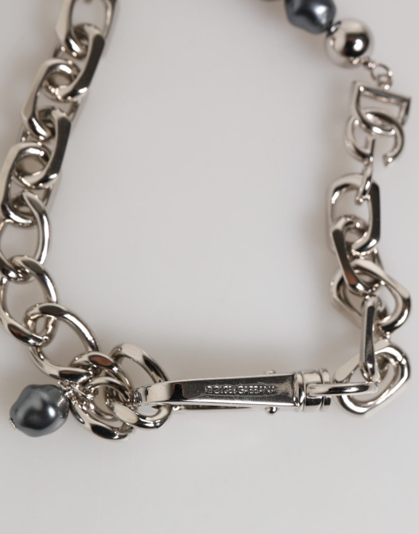 Dolce & Gabbana Silver Tone Chain Lobster Clasp Logo Gray Pearls Bracelet Mens Bracelet