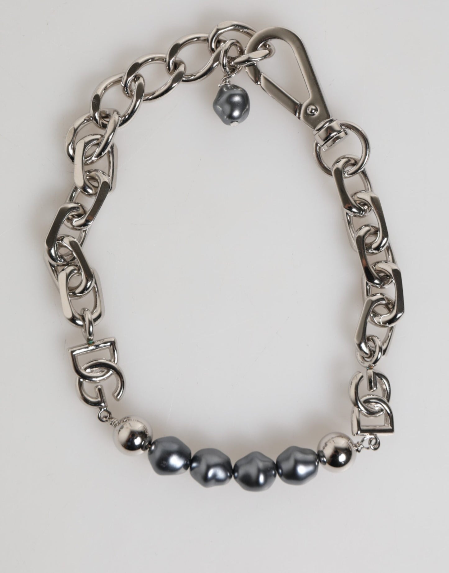 Dolce & Gabbana Silver Tone Chain Lobster Clasp Logo Gray Pearls Bracelet Mens Bracelet