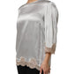 Dolce & Gabbana Gray Silk Satin Floral Lace Long Sleeve Top
