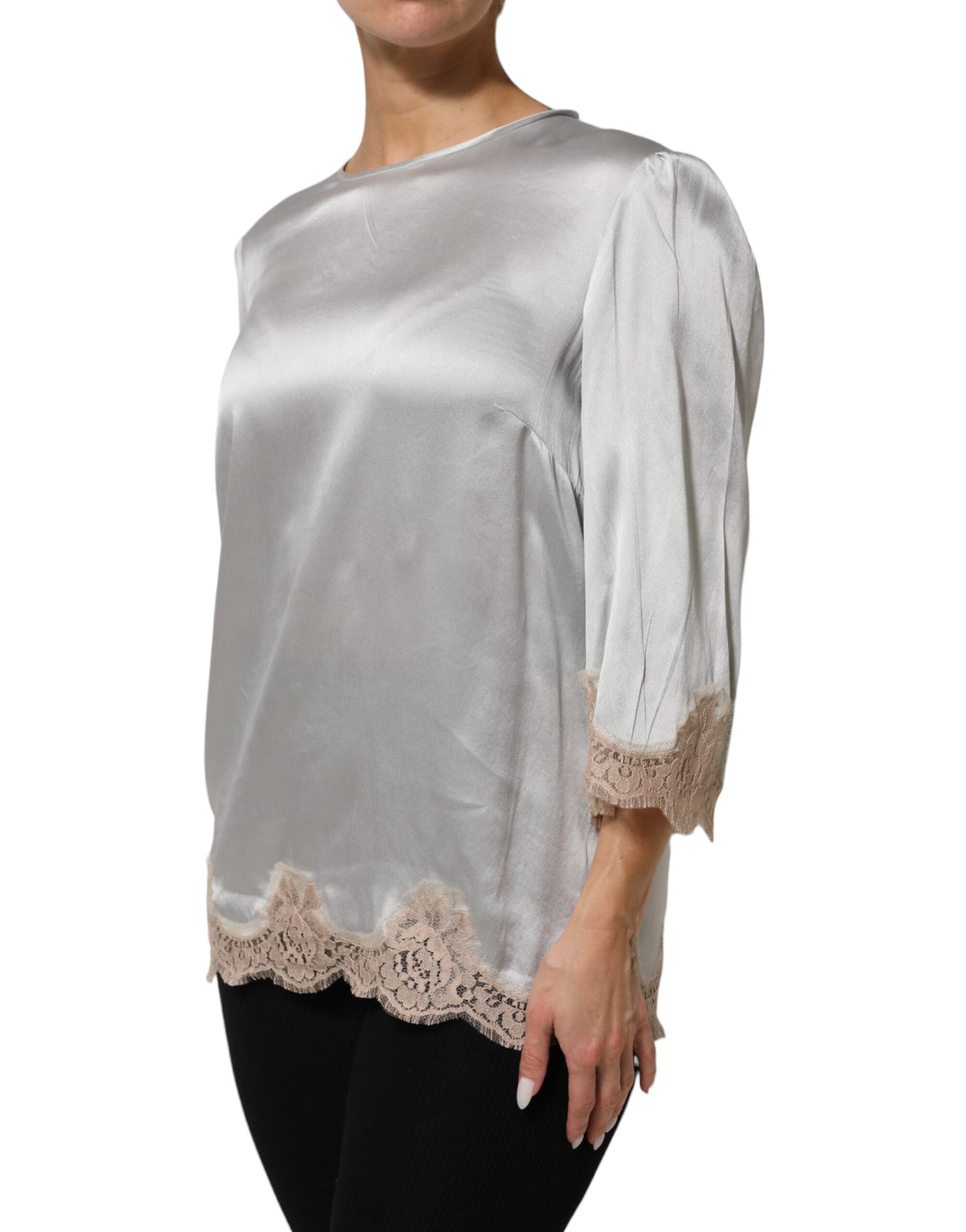 Dolce & Gabbana Gray Silk Satin Floral Lace Long Sleeve Top