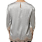 Dolce & Gabbana Gray Silk Satin Floral Lace Long Sleeve Top