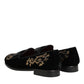 Dolce & Gabbana Black Velvet Embroidery Formal Loafers Shoes