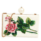 Dolce & Gabbana White Rose Embroidery Silk Gold Frame Clutch Purse Bag Womens Clutch Bag