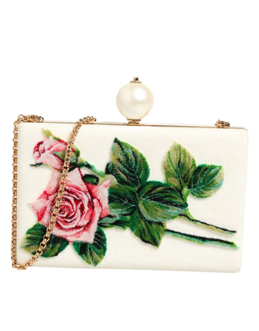 Dolce & Gabbana White Rose Embroidery Silk Gold Frame Clutch Purse Bag Womens Clutch Bag