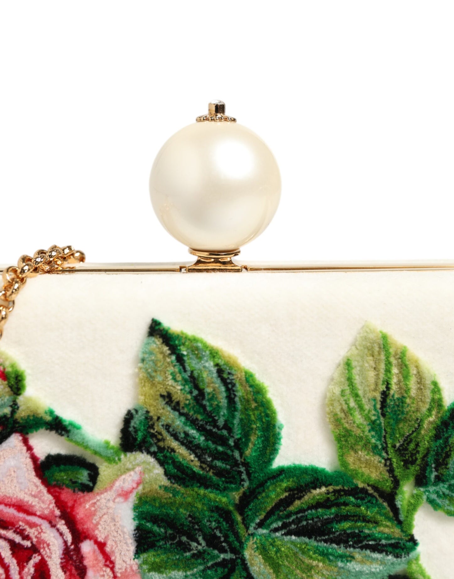 Dolce & Gabbana White Rose Embroidery Silk Gold Frame Clutch Purse Bag Womens Clutch Bag