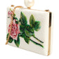 Dolce & Gabbana White Rose Embroidery Silk Gold Frame Clutch Purse Bag Womens Clutch Bag