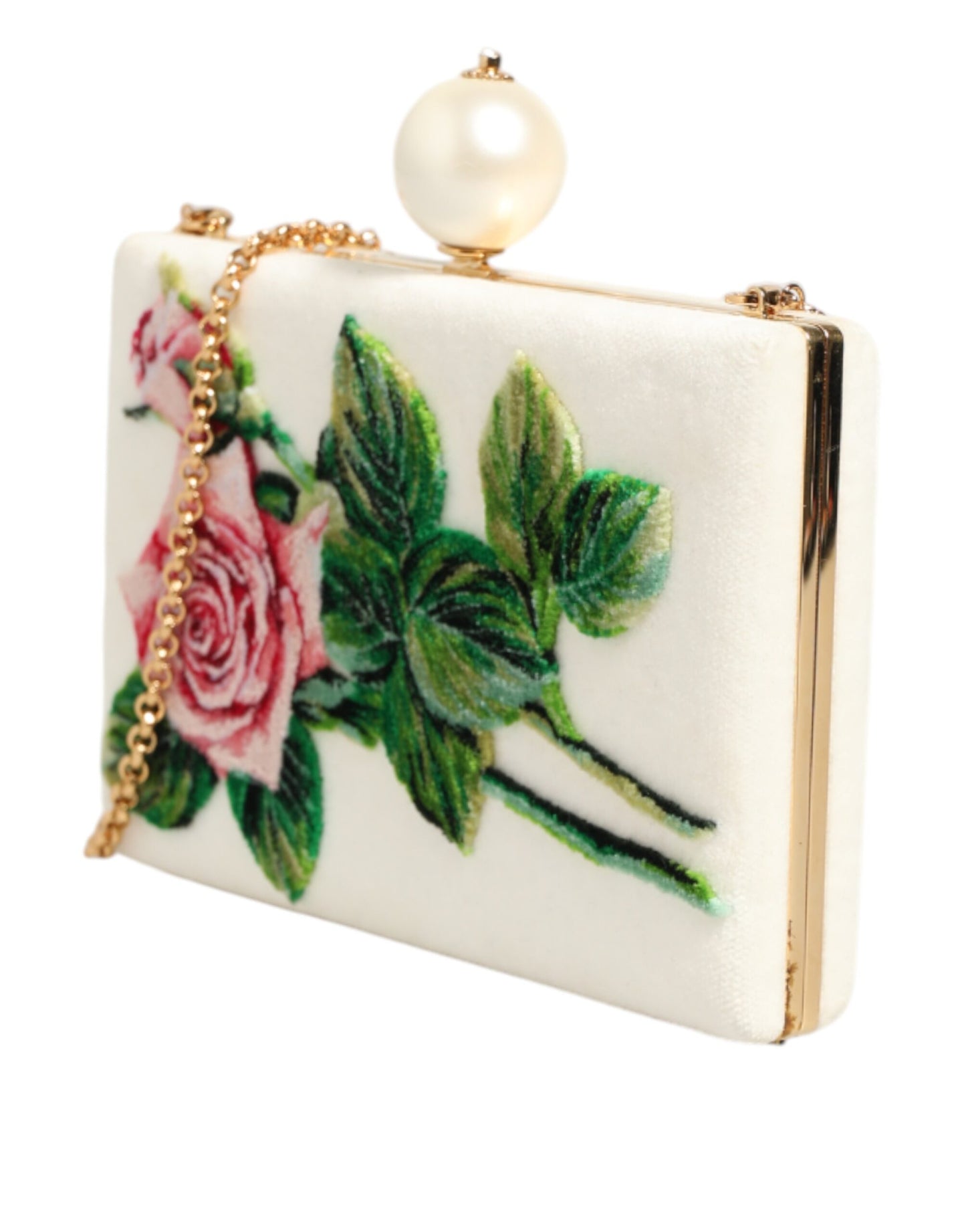 Dolce & Gabbana White Rose Embroidery Silk Gold Frame Clutch Purse Bag Womens Clutch Bag
