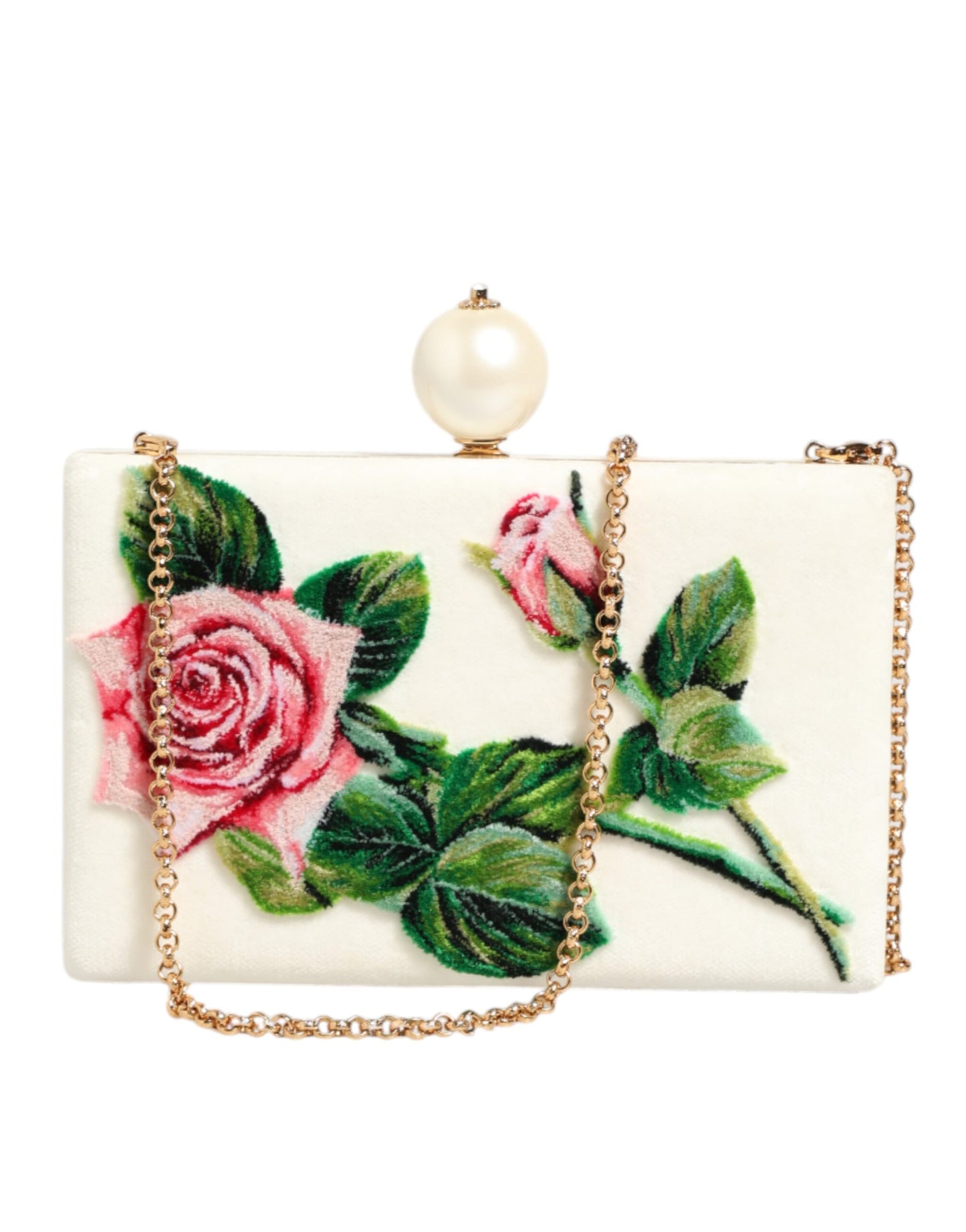 Dolce & Gabbana White Rose Embroidery Silk Gold Frame Clutch Purse Bag Womens Clutch Bag