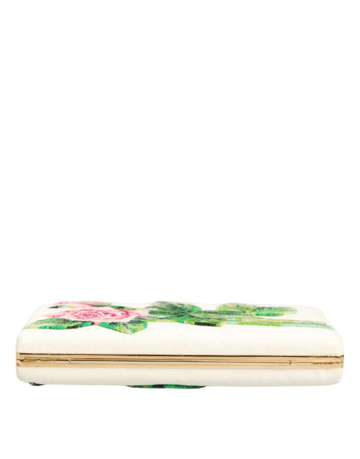 Dolce & Gabbana White Rose Embroidery Silk Gold Frame Clutch Purse Bag Womens Clutch Bag