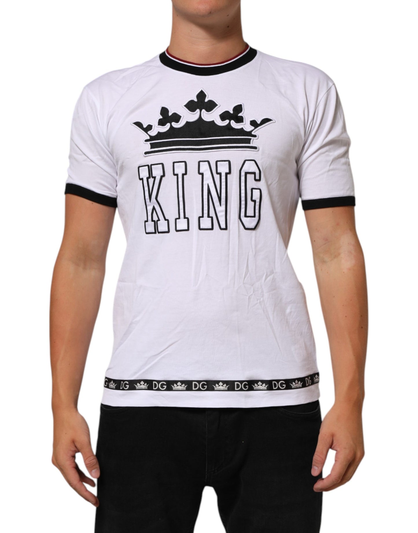 Dolce & Gabbana White Cotton Crown King Embroidery T-shirt Mens T-Shirt