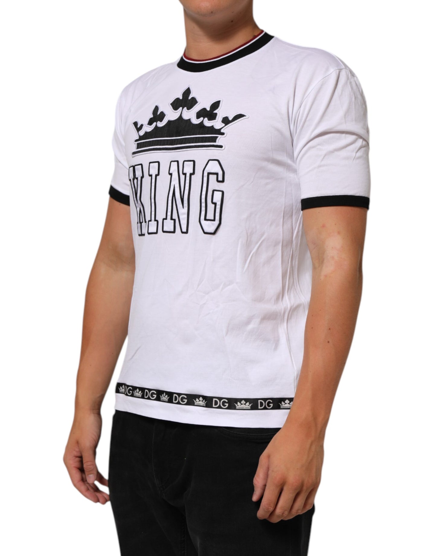 Dolce & Gabbana White Cotton Crown King Embroidery T-shirt Mens T-Shirt
