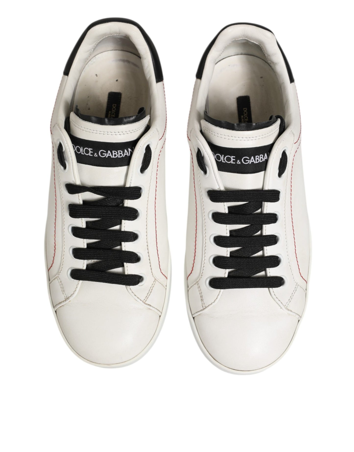 Dolce & Gabbana White Black Leather Low Top Sneaker Shoes