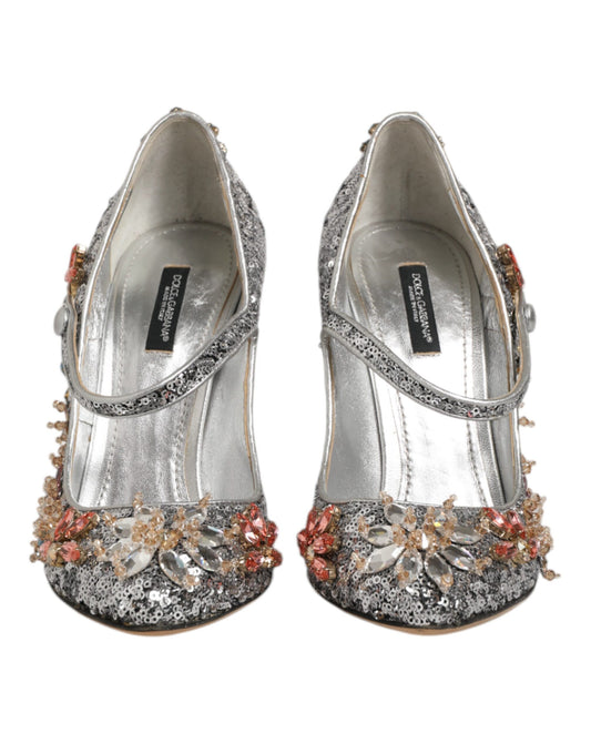 Dolce & Gabbana Silver Sequin Crystal Mary Janes Pumps Shoes