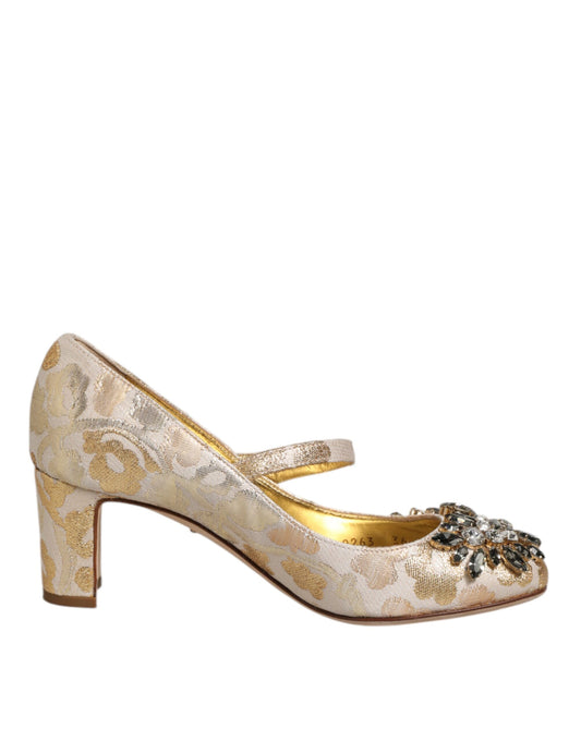 Dolce & Gabbana Gold Jacquard Crystal Mary Janes Pumps Shoes