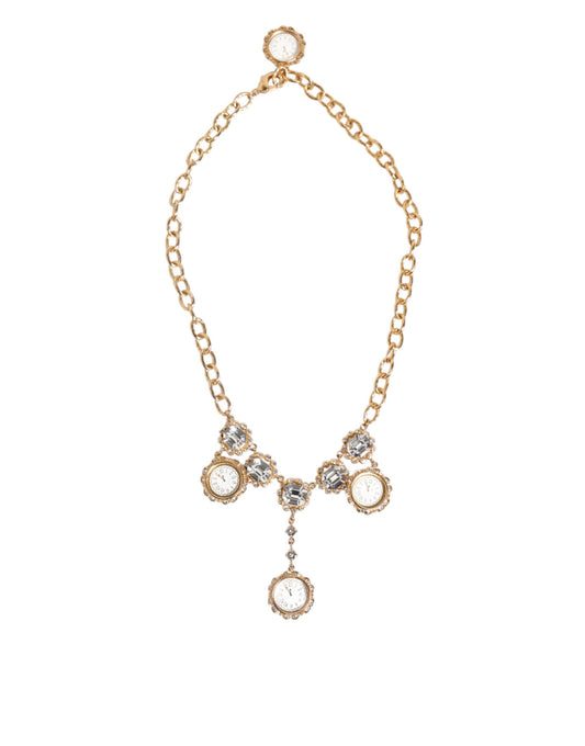 Dolce & Gabbana Gold Crystal Clock Pendant Statement Jewelry Necklace Womens Necklace