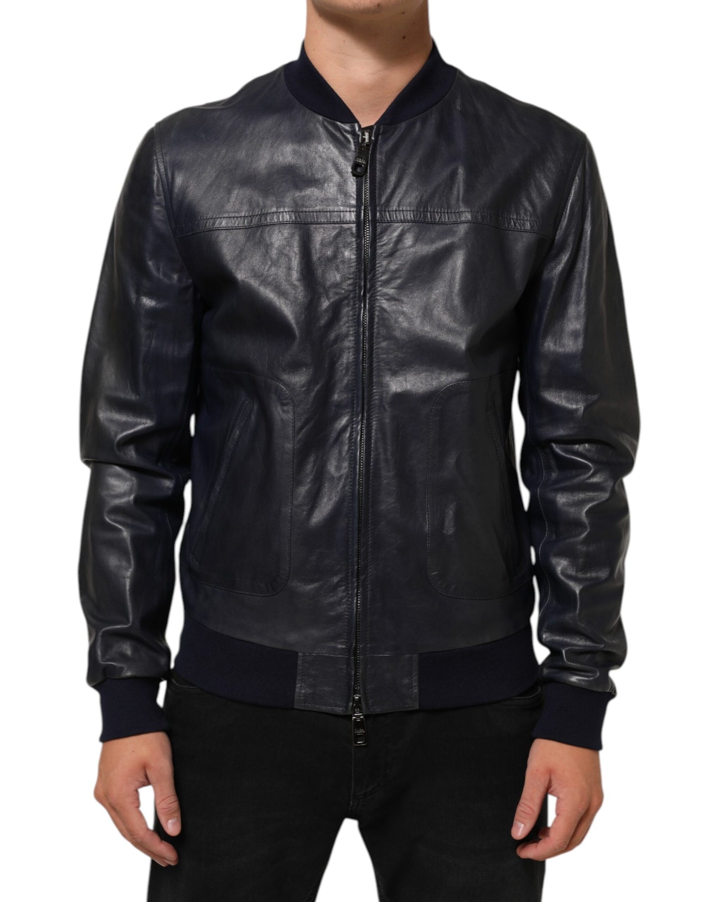 Dolce & Gabbana Blue Leather Full Zip Biker Blouson Jacket Mens Jacket