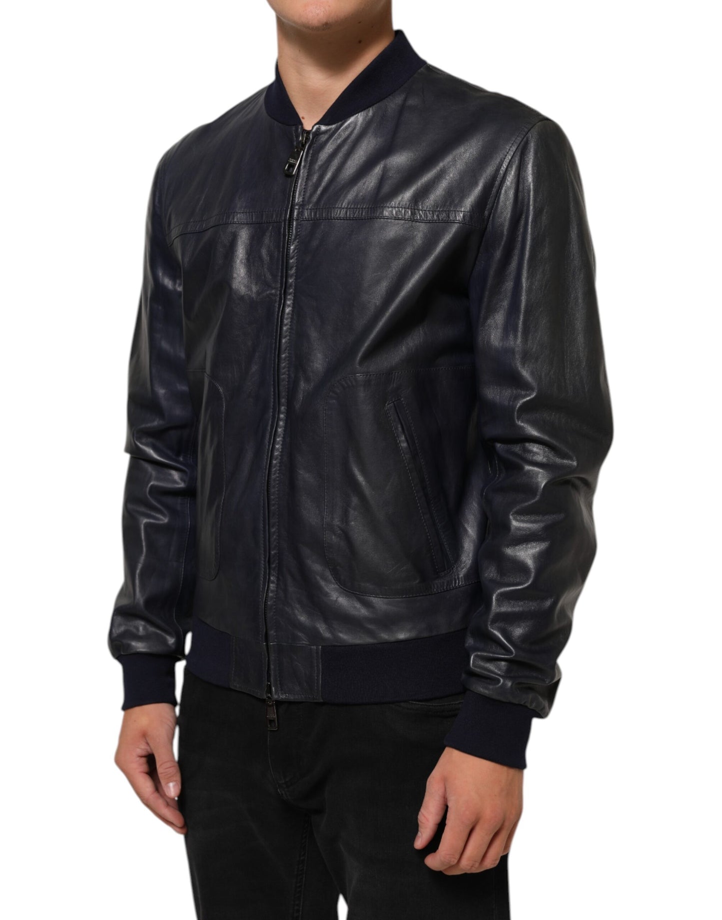 Dolce & Gabbana Blue Leather Full Zip Biker Blouson Jacket Mens Jacket