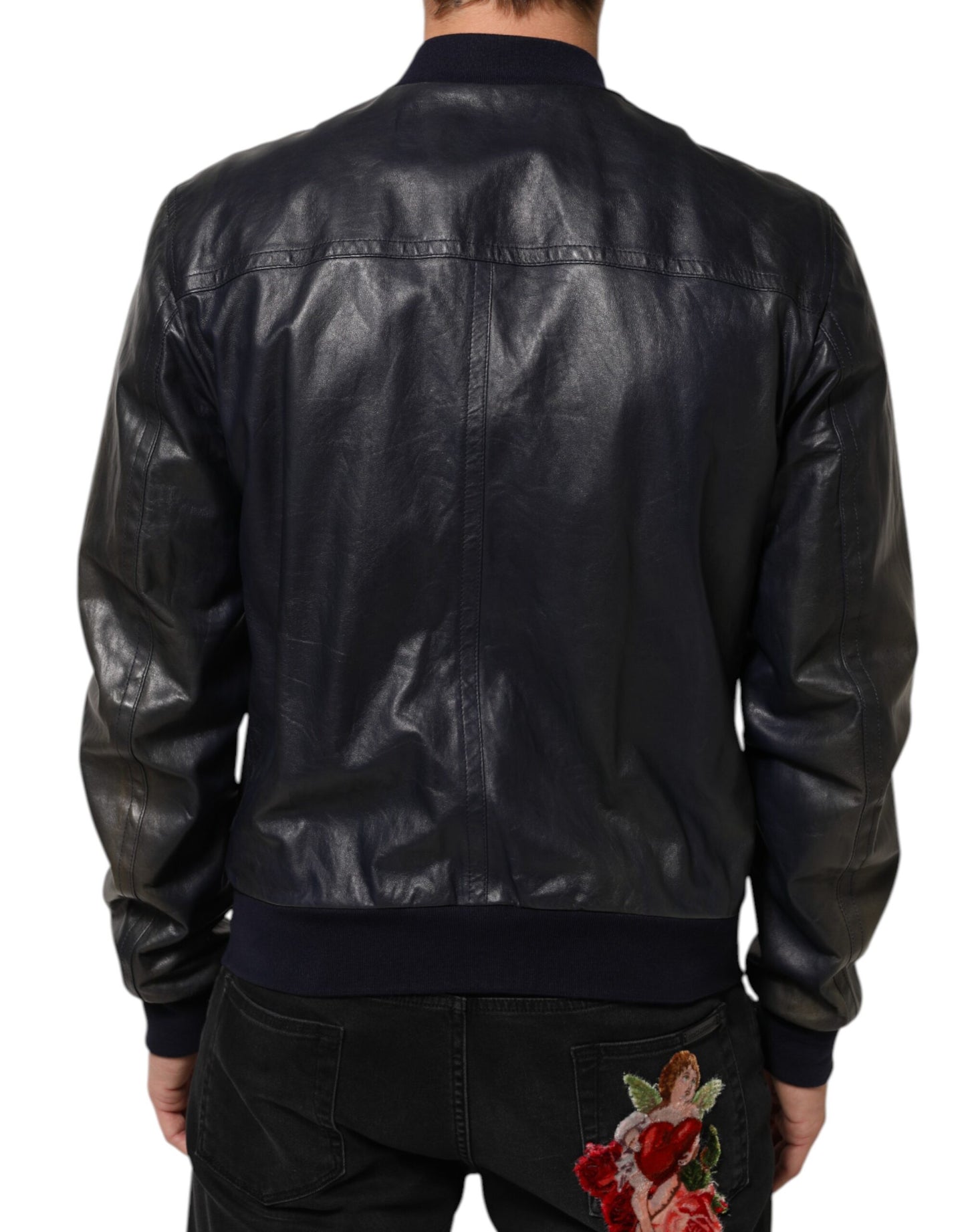 Dolce & Gabbana Blue Leather Full Zip Biker Blouson Jacket Mens Jacket