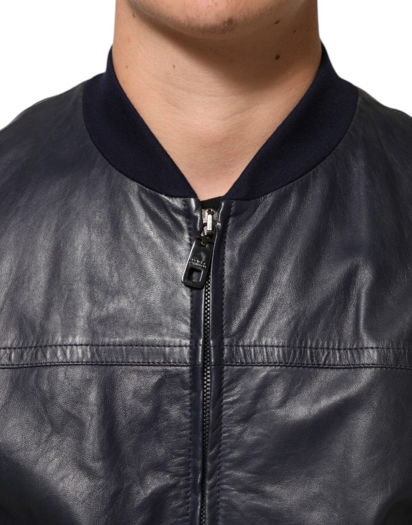Dolce & Gabbana Blue Leather Full Zip Biker Blouson Jacket Mens Jacket